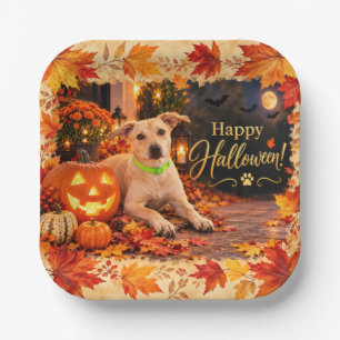 Plato De Papel Feliz Halloween Perro Calabaza Hojas de Otoño