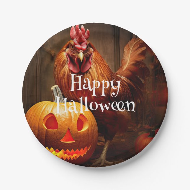 Plato De Papel Feliz Halloween Pollo Rooster Calabaza (Anverso)