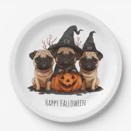 Plato De Papel Feliz Halloween Pugs Jack O Lanterns