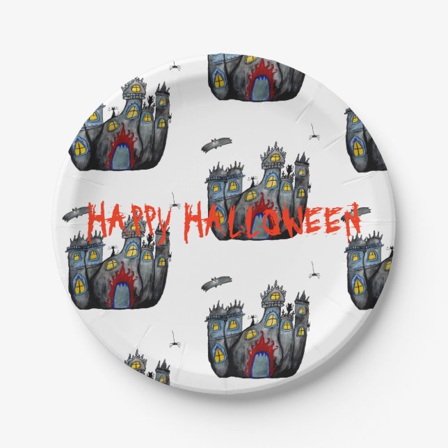 Plato De Papel Feliz Halloween Spooky Castle Personalizado Placas (Anverso)