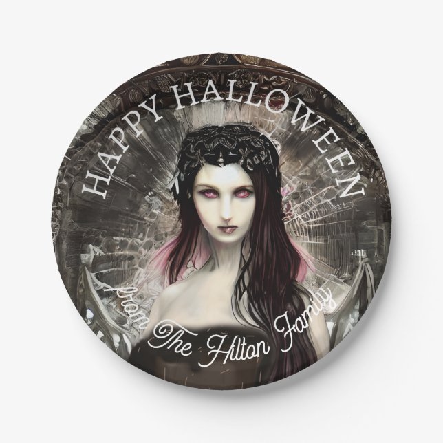 Plato De Papel Feliz Halloween Steampunk Gótico Ángel Caído (Anverso)