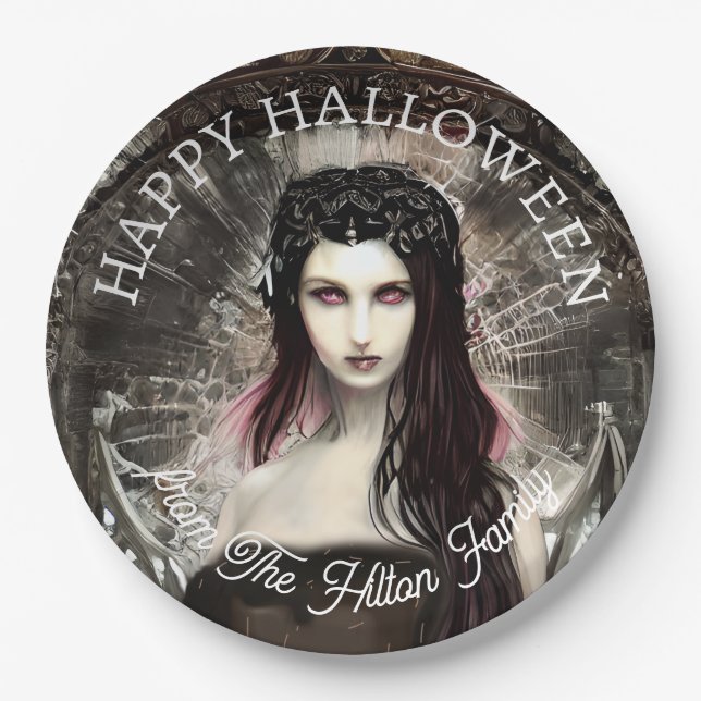 Plato De Papel Feliz Halloween Steampunk Gótico Ángel Caído (Anverso)