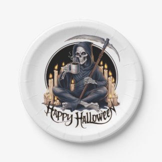 Plato De Papel Feliz Halloween y un esqueleto