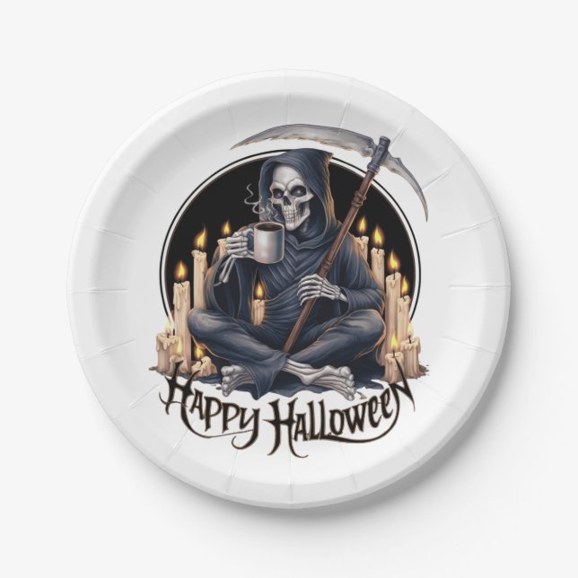 Plato De Papel Feliz Halloween y un esqueleto (Anverso)