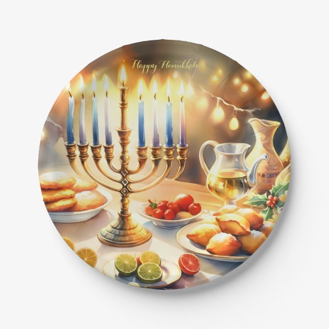 Plato De Papel Feliz Hanukkah (Anverso)