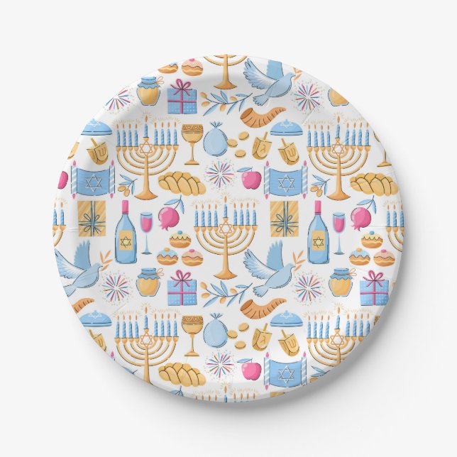 Plato De Papel Feliz Hanukkah (Anverso)