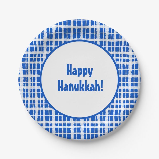 Plato De Papel ¡Feliz Hanukkah! Azul y blanco trenzado (Anverso)