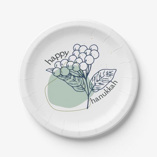 Plato De Papel Feliz Hanukkah (con Berries Drwn) (Anverso)