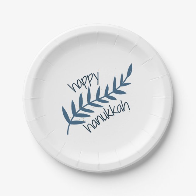 Plato De Papel Feliz Hanukkah (con hojas azules) (Anverso)