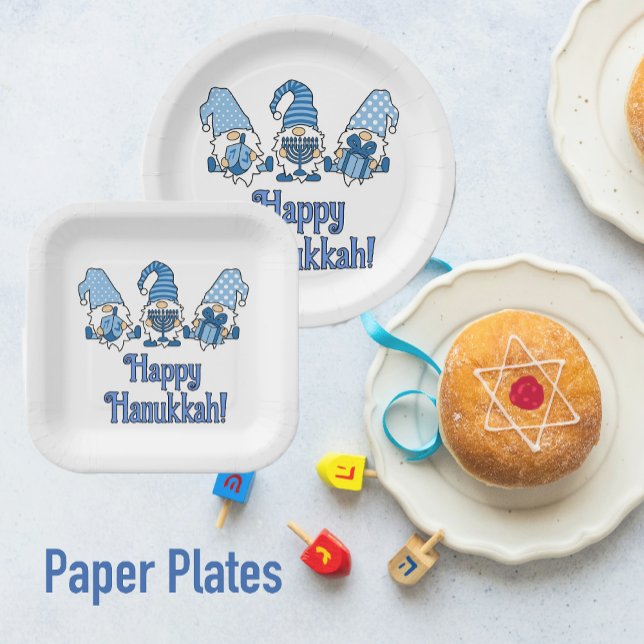 Plato De Papel Feliz Hanukkah con tres gnomos (Ready for Hanukkah parties!)