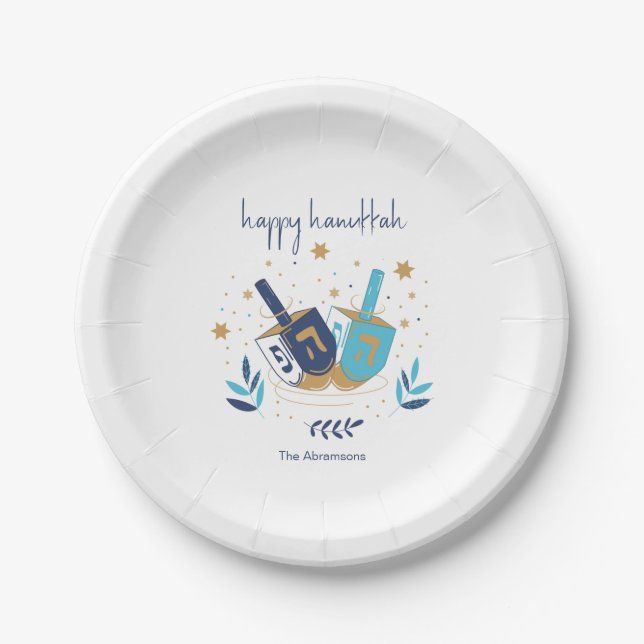 Plato De Papel Feliz Hanukkah Floral Dreidel (Anverso)