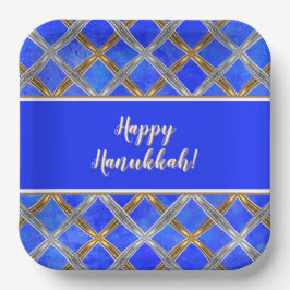 Plato De Papel Feliz Hanukkah Gold, Silver y White Laces