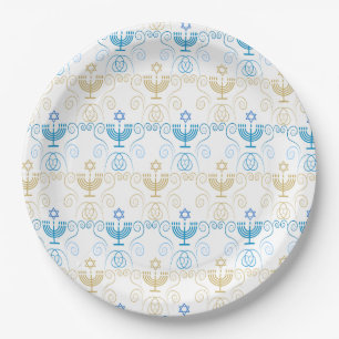 Plato De Papel Feliz Hanukkah Menorá de Oro Patrón Vintage