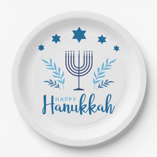 Plato De Papel Feliz Hanukkah Menorah Stars (Anverso)