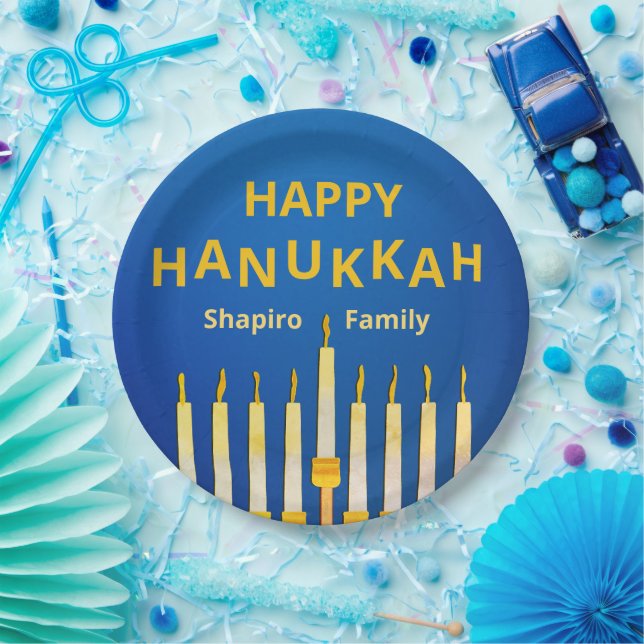 Plato De Papel ¡Feliz Hanukkah personalizado! Menorah (Fiesta)