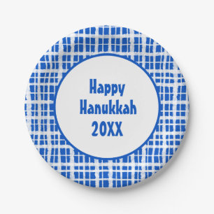 Plato De Papel Feliz Hanukkah pintado azul y blanco