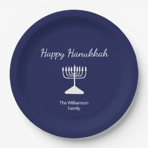 Plato De Papel Feliz Hanukkah Simple Menorah Blue
