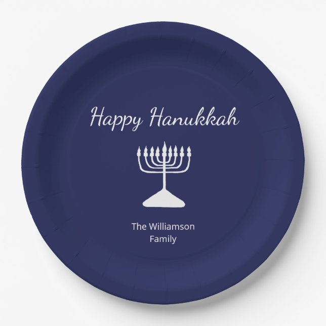 Plato De Papel Feliz Hanukkah Simple Menorah Blue (Anverso)