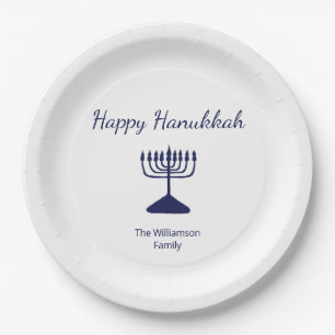 Plato De Papel Feliz Hanukkah Simple Menorah Blue White