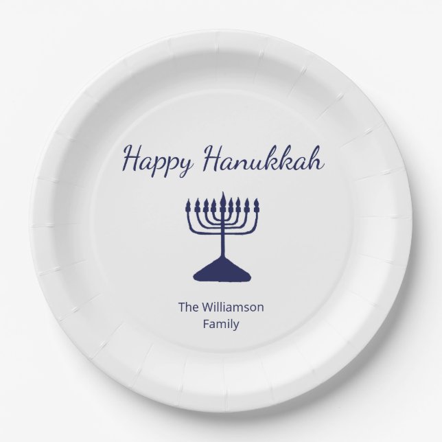 Plato De Papel Feliz Hanukkah Simple Menorah Blue White (Anverso)