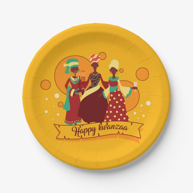 Plato De Papel Feliz Kwanzaa 3 Damas 7" (Anverso)