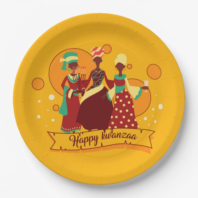 Plato De Papel Feliz Kwanzaa 3 Damas 9" (Anverso)