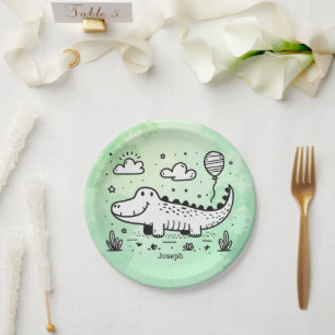 Plato De Papel Feliz lagarto con globo - Arte de guardería