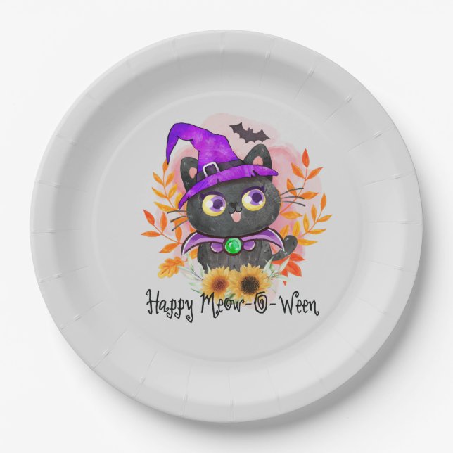 Plato De Papel Feliz Meow-o-ween-Black Witch Cat (Anverso)
