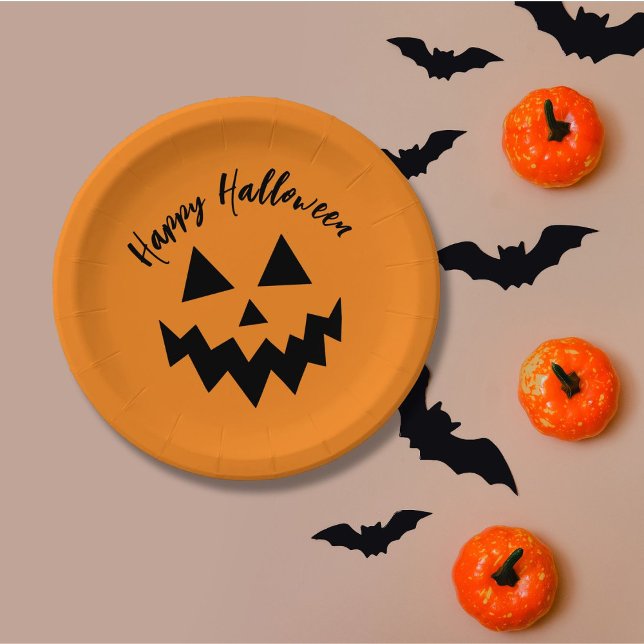 Plato De Papel Feliz Naranja de Halloween Calabaza Jack O Lantern (Subido por el creador)