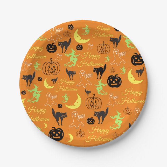 Plato De Papel Feliz Naranja de la Luna de Brujas de Halloween (Anverso)
