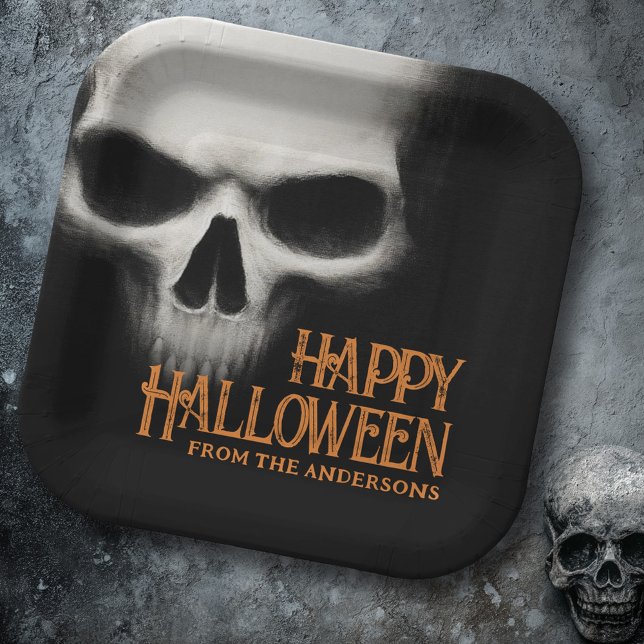 Plato De Papel Feliz naranja negro de cráneo fantasma de Hallowee (Happy Halloween creepy ghost skull black orange Paper Plates)