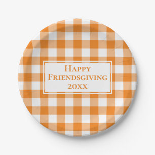 Plato De Papel Feliz Naranja White Gingham Plaid