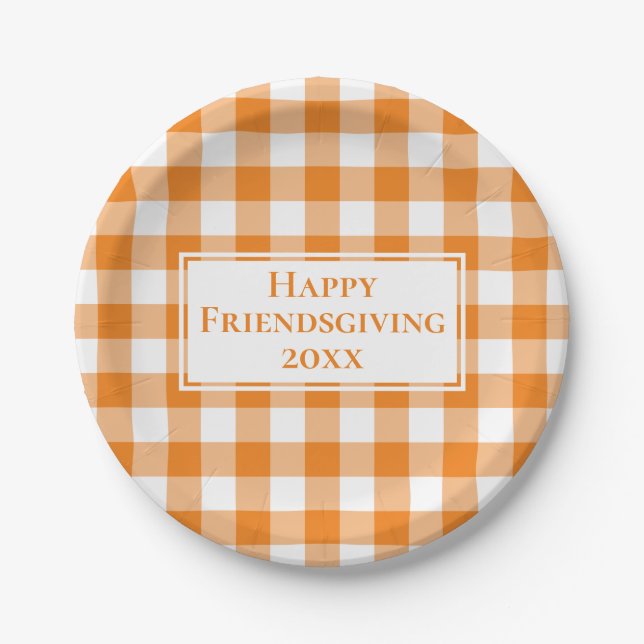 Plato De Papel Feliz Naranja White Gingham Plaid (Anverso)