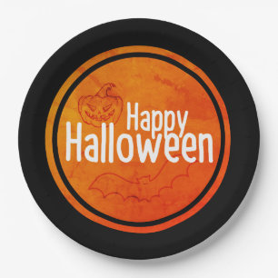 Plato De Papel Feliz Naranja y negro de Halloween
