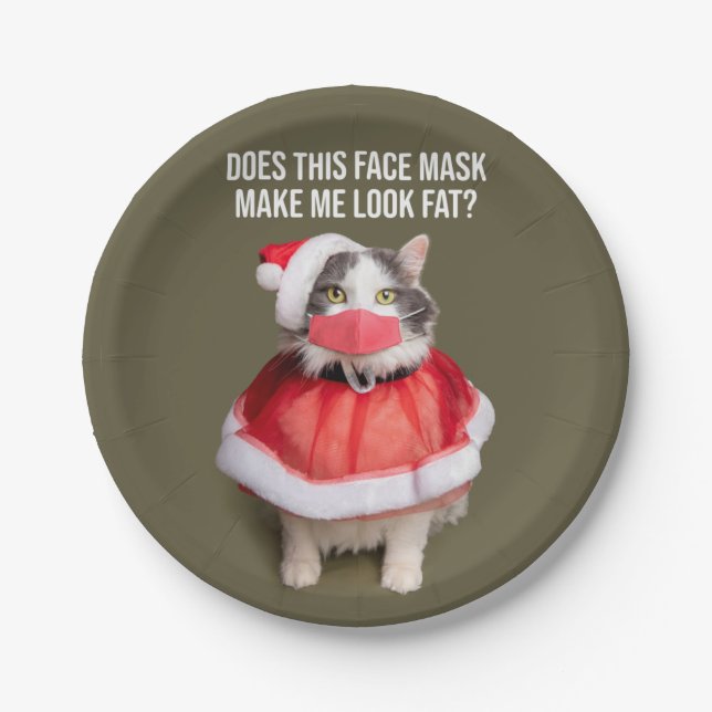 Plato De Papel Feliz Navidad 2020 Gato gordo en máscara facial (Anverso)