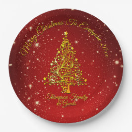 Plato De Papel Feliz Navidad 20XX Estrellas de árbol de oro rojo