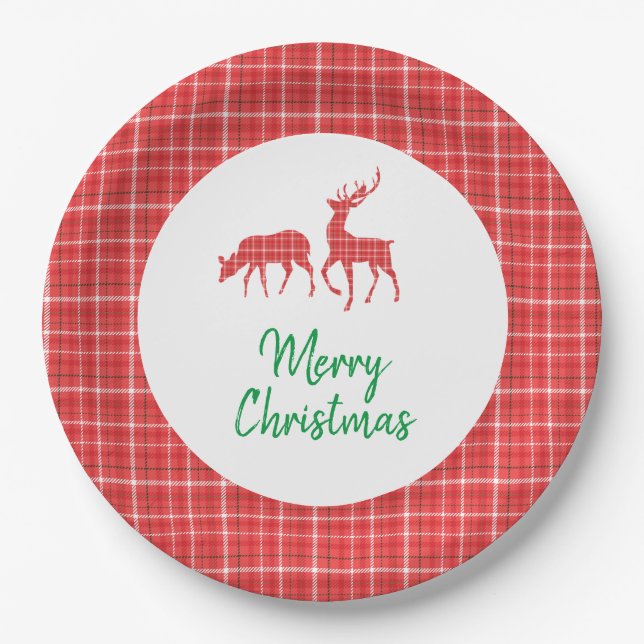 Plato De Papel Feliz Navidad a los renos Red White Twill Plantado (Anverso)