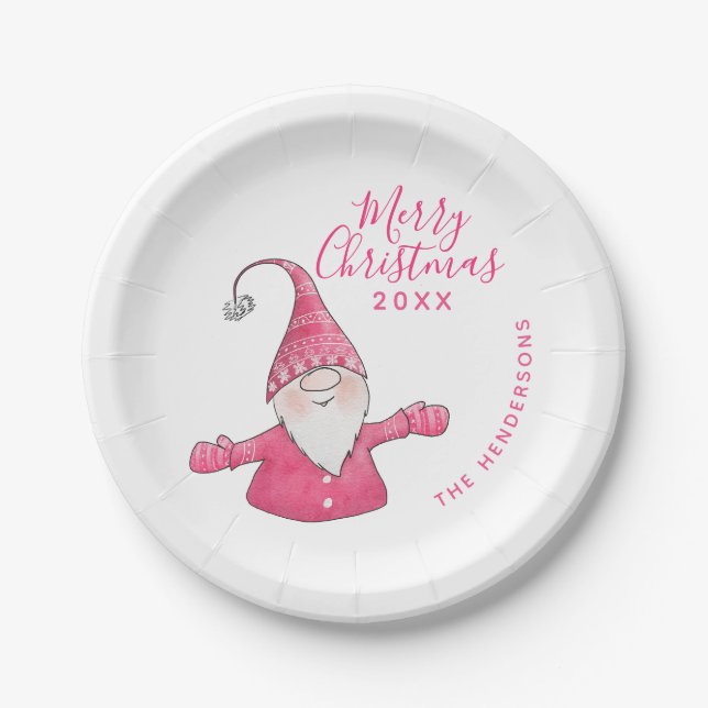 Plato De Papel Feliz Navidad a Personalizado blanco y rosa (Anverso)