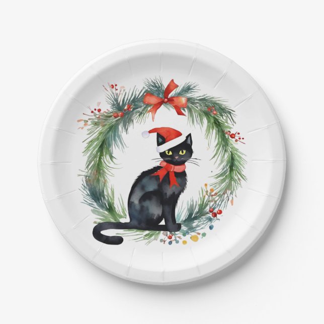 Plato De Papel Feliz Navidad acuarela Gato negro y guirnalda (Anverso)