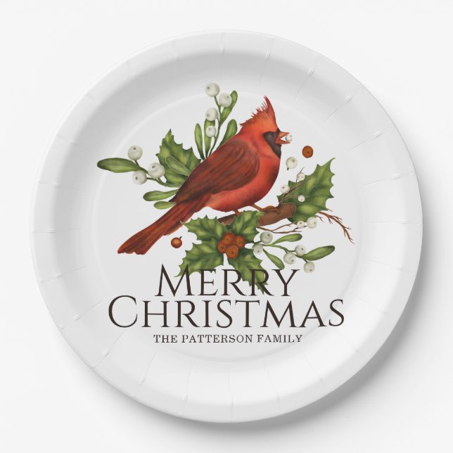 Plato De Papel Feliz Navidad al cardenal rojo Holly Personalizado (Anverso)