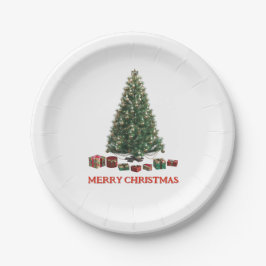 Plato De Papel Feliz Navidad. Árbol (diseño 1) con regalos