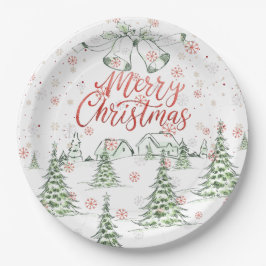 Plato De Papel Feliz Navidad Árboles de nieve rojos y verdes