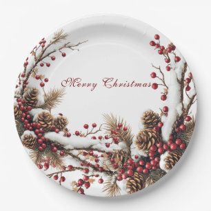 Plato De Papel Feliz Navidad Bayas Rojas Conos de Pino Nieve
