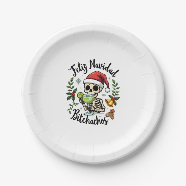 Plato De Papel Feliz Navidad Bitchachos Funny Skull Spanish Merry (Anverso)