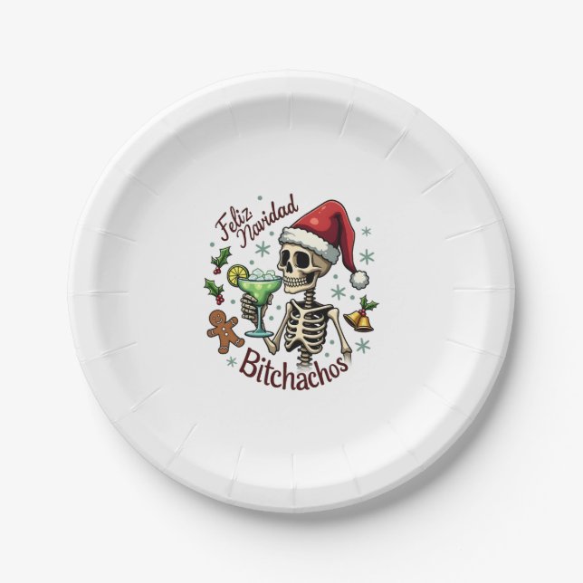 Plato De Papel Feliz Navidad Bitchachos Funny Skull Spanish Merry (Anverso)