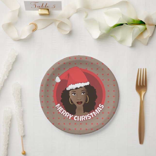 Plato De Papel Feliz Navidad, Black Woman Santa Hat (Boda)