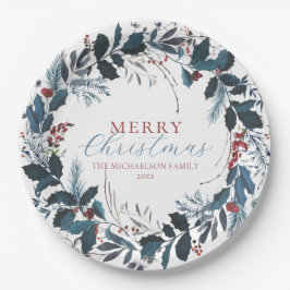 Plato De Papel Feliz Navidad Blue Green Holly Watercolor