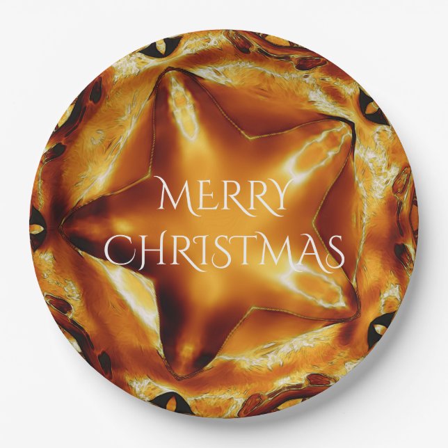 Plato De Papel Feliz Navidad Brown Gold Copper Estrella elegante (Anverso)
