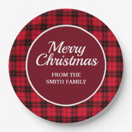Plato De Papel Feliz Navidad Buffalo Plaid Rojo Negro Cuadros