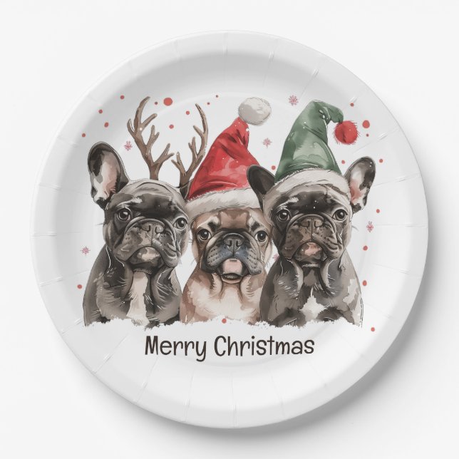 Plato De Papel Feliz Navidad Bulldog francés Perros renos (Anverso)